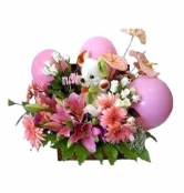 Ho� Geldin Bebek�thal sepette mevsim �i�ekleriyle haz�rlanm�� balonlu do�um arajman�