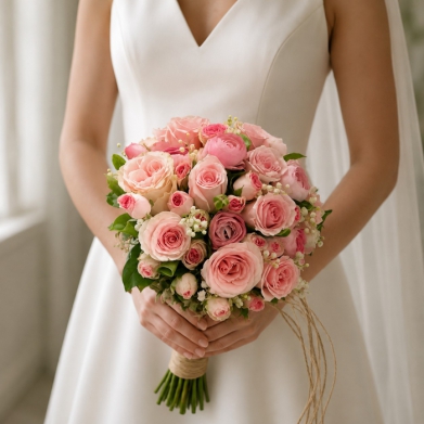 Pembe G�l ve Ranunculus Gelin El Buketi | Romantik Gelin Buketi