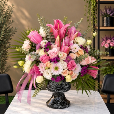 Premium Pembe Lilyum ve G�l Aranjman� | Siyah Mermer Vazoda L�ks �i�ek Tasar�m�