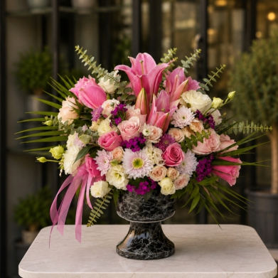Premium Pembe Lilyum ve G�l Aranjman� | Siyah Mermer Vazoda L�ks �i�ek Tasar�m�