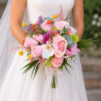 Renkli Gelin Buketi | Pembe G�l ve Orkideli Modern Gelin �i�